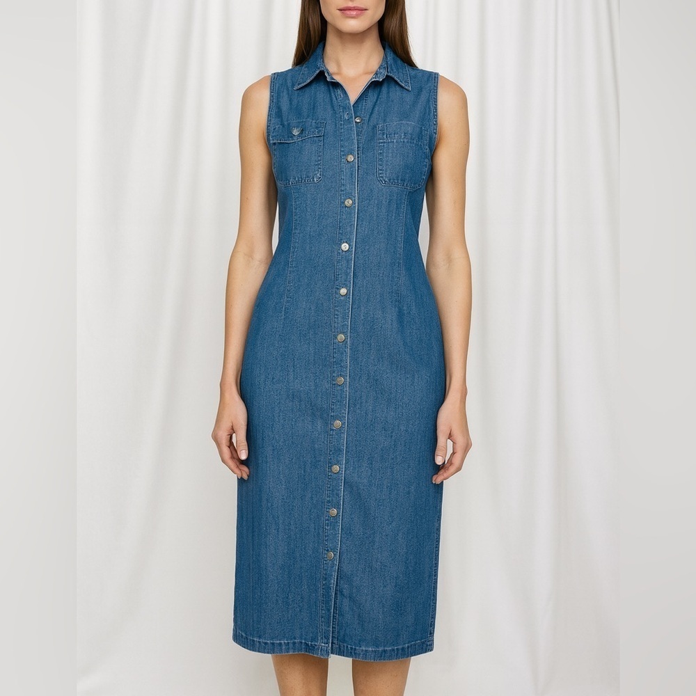 Karen Scott Sleeveless Button-Front Midi Classic Jean Shirt Dress (1087)